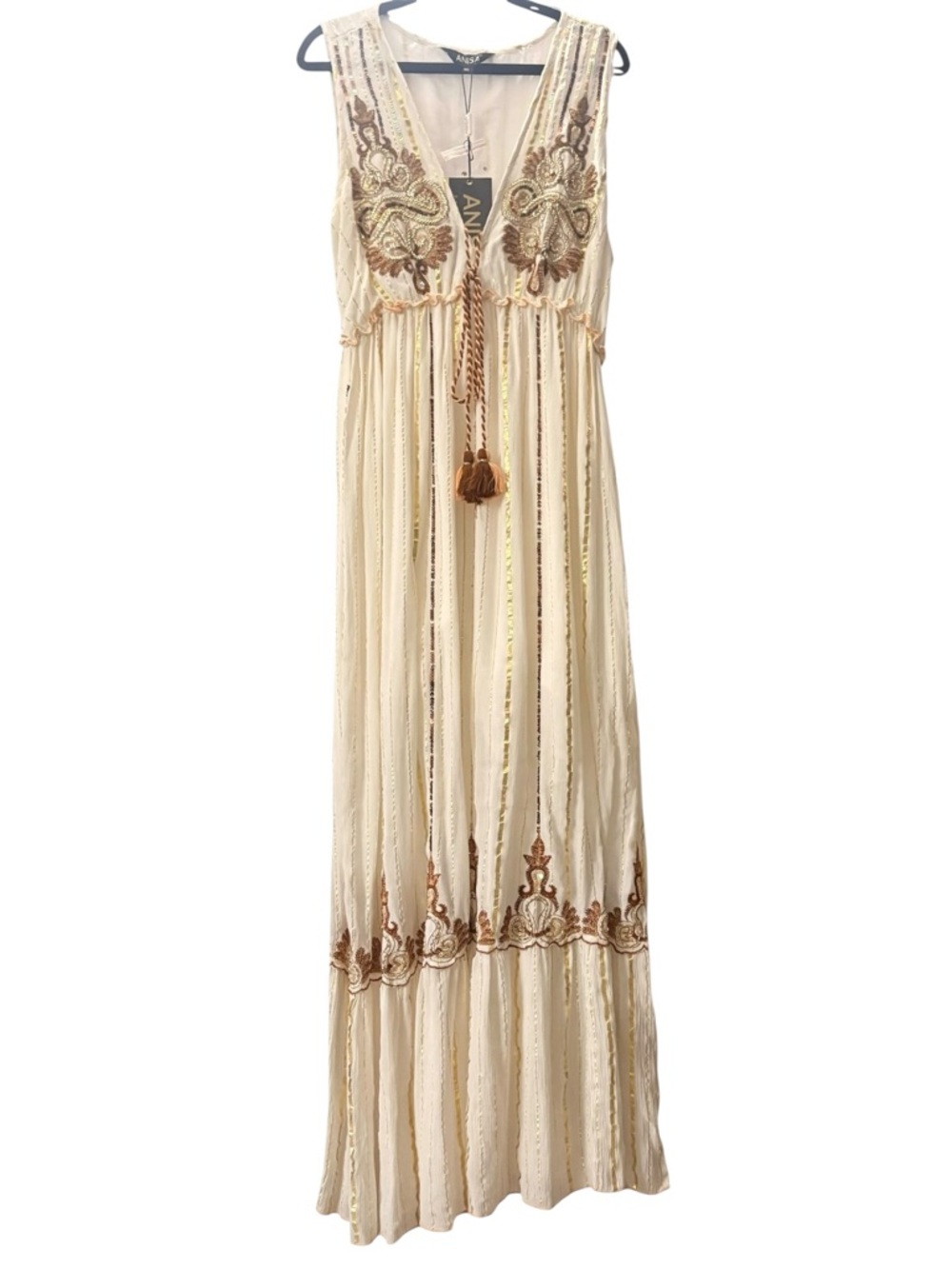 Anisa Spain Goddess Boho Resort Maxi Dress Ecru w/Gold Beaded Sequin Tiered M/L - Picture 2 of 7